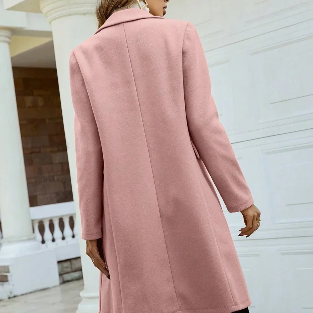 Pink Preppy Womens Lapel Collar Double Breasted Overcoat - Picture 2 of 4